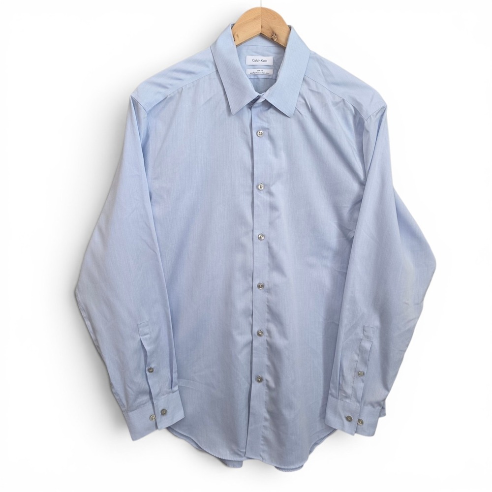 Calvin Klein Dress Shirt‎ Mens 16 32/33 Blue Button Up Slim Fit Non Iron Career